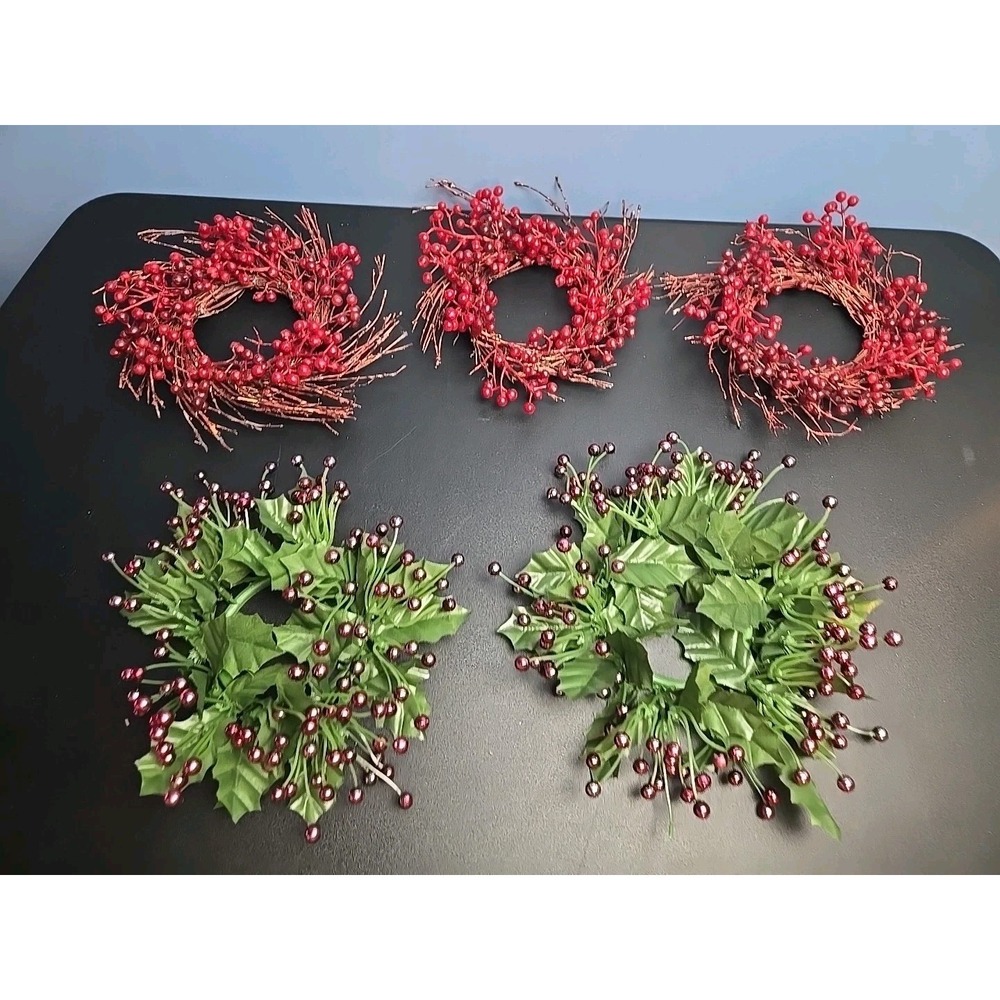 5 Winter Red Berries Twig Candle‎ Ring Winter Wreath 6"